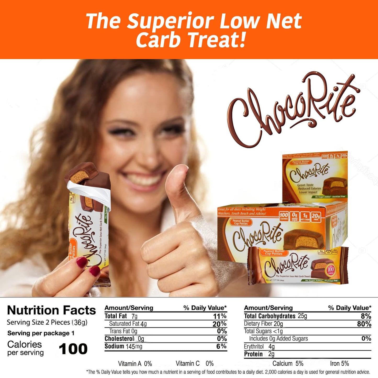 ChocoRite - Diet Peanut Butter Cup Patties- 16/Box - High Fiber - Low Calorie - No Sugar Added