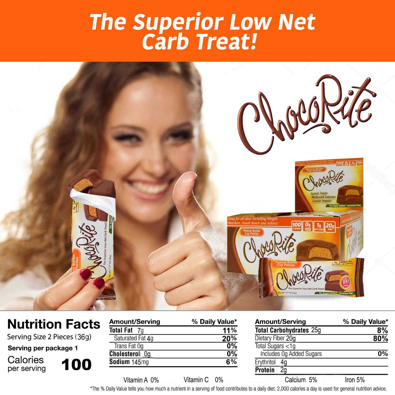 ChocoRite - Diet Peanut Butter Cup Patties- 16/Box - High Fiber - Low Calorie - No Sugar Added