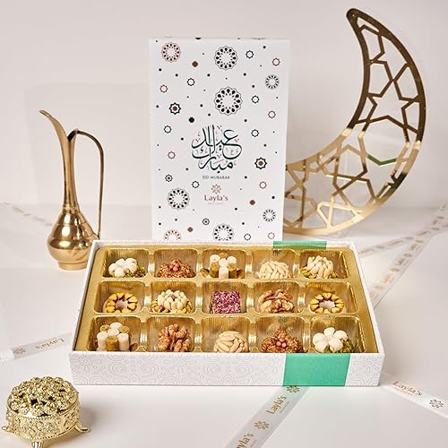 Layla’s Delicacies Mediterranean Treats Gift Box for Eid Mubarak - Handmade Healthy Mixed Nutty Flavors Pastries - Halal, Vegetarian, Gluten Free - 15
