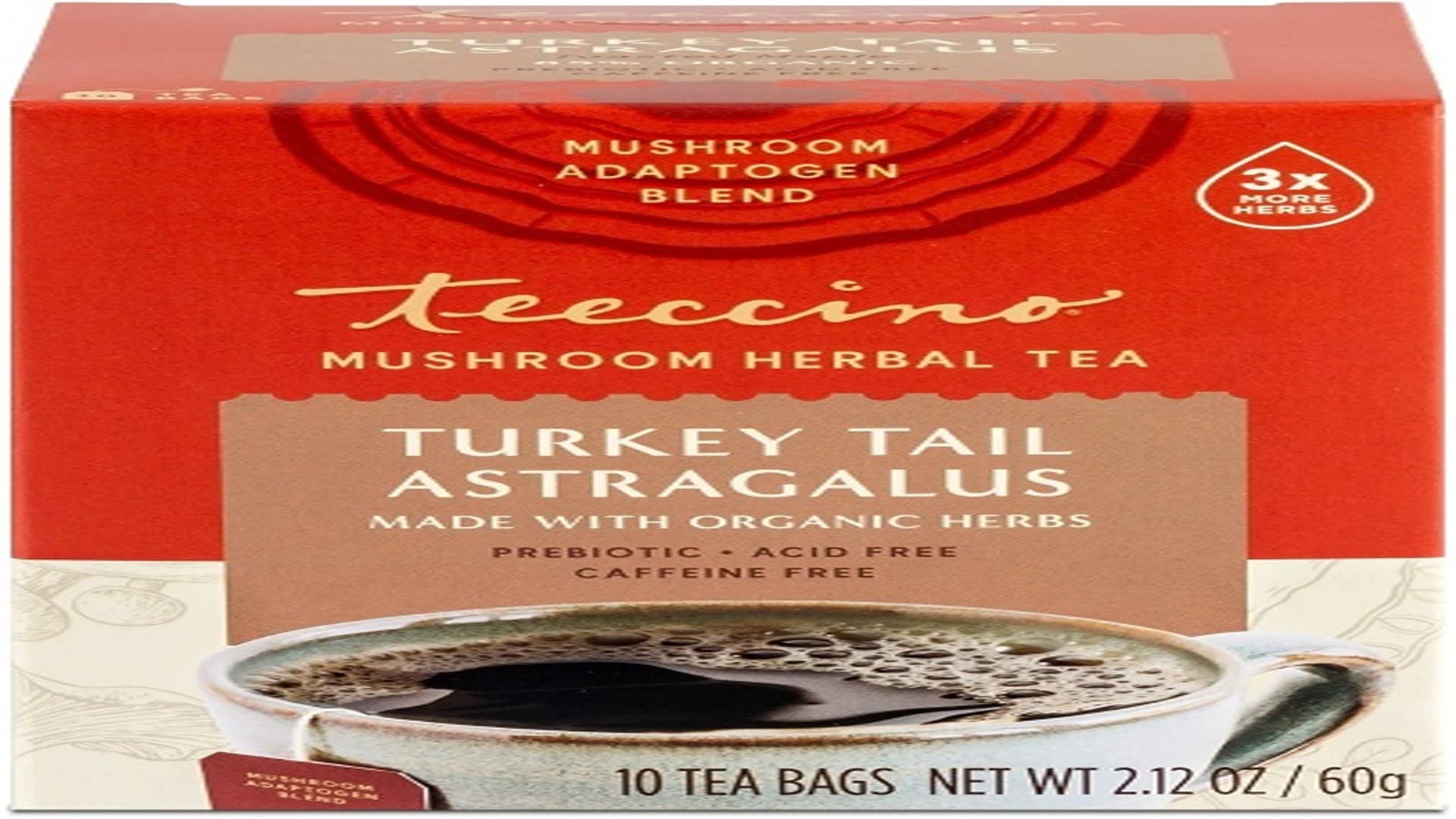 Teeccino Turkey Tail Astragalus - Toasted Maple - Caffeine Free Mushroom Adaptogenic Herbal Tea, 3x More Herbs than Regular Tea Bags, Lightly Sweet
