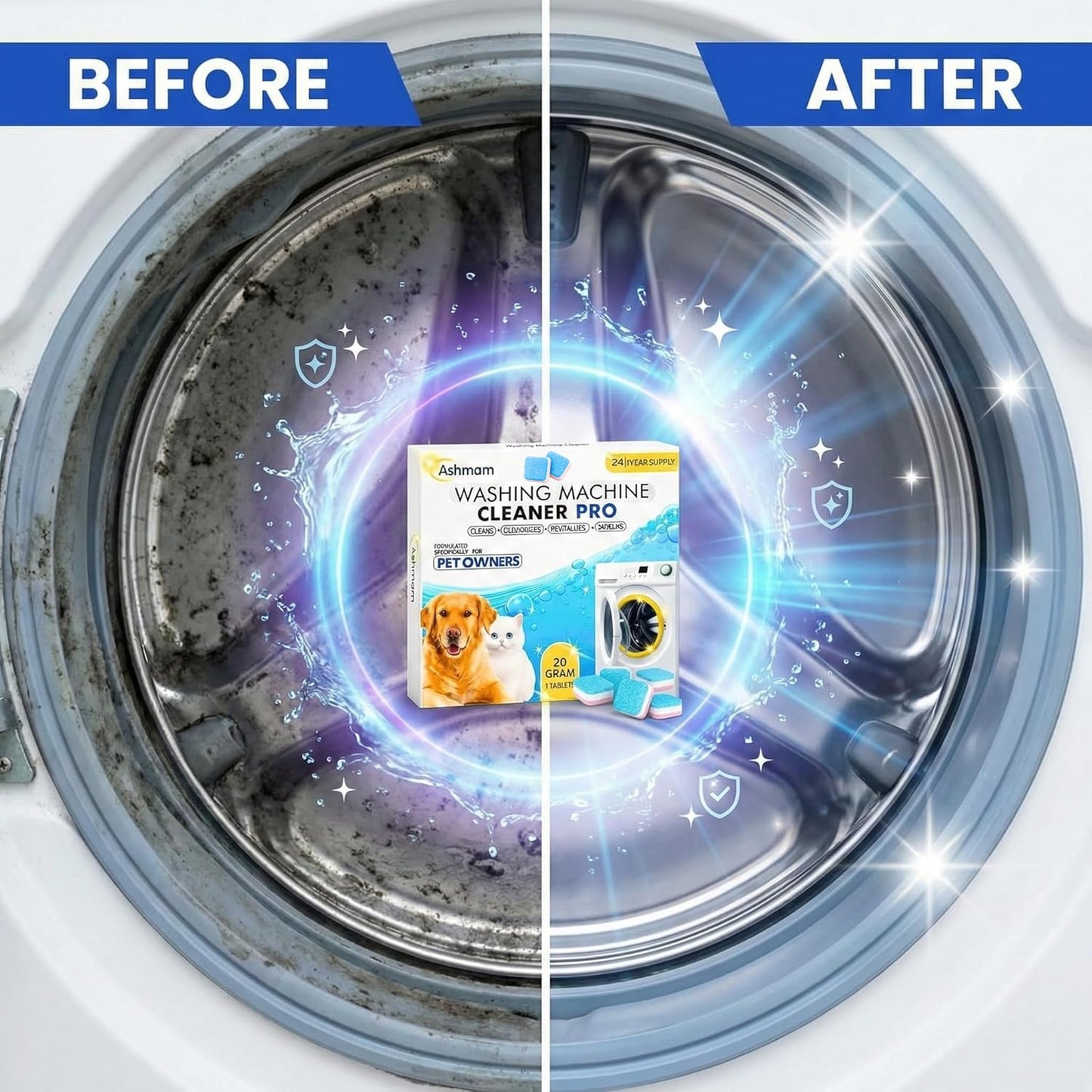 Ashmam Washing Machine Cleaner Tablets, 24 Pack 1 Year Supply - Deep Clean Washer Cleaner for Front Load & Top Load HE Machines, Removes Odor