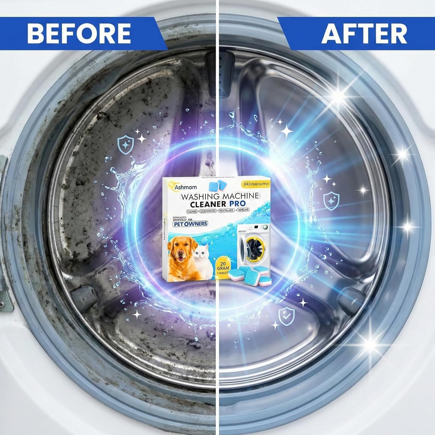 Ashmam Washing Machine Cleaner Tablets, 24 Pack 1 Year Supply - Deep Clean Washer Cleaner for Front Load & Top Load HE Machines, Removes Odor
