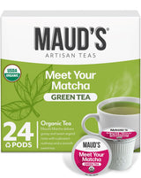 Maud's Organic Matcha Green Tea Pods, 24 ct, Single Serve Tea Pods - 100% Gourmet Blended Tea Leaves, Compatible with Keurig K Cups Maker