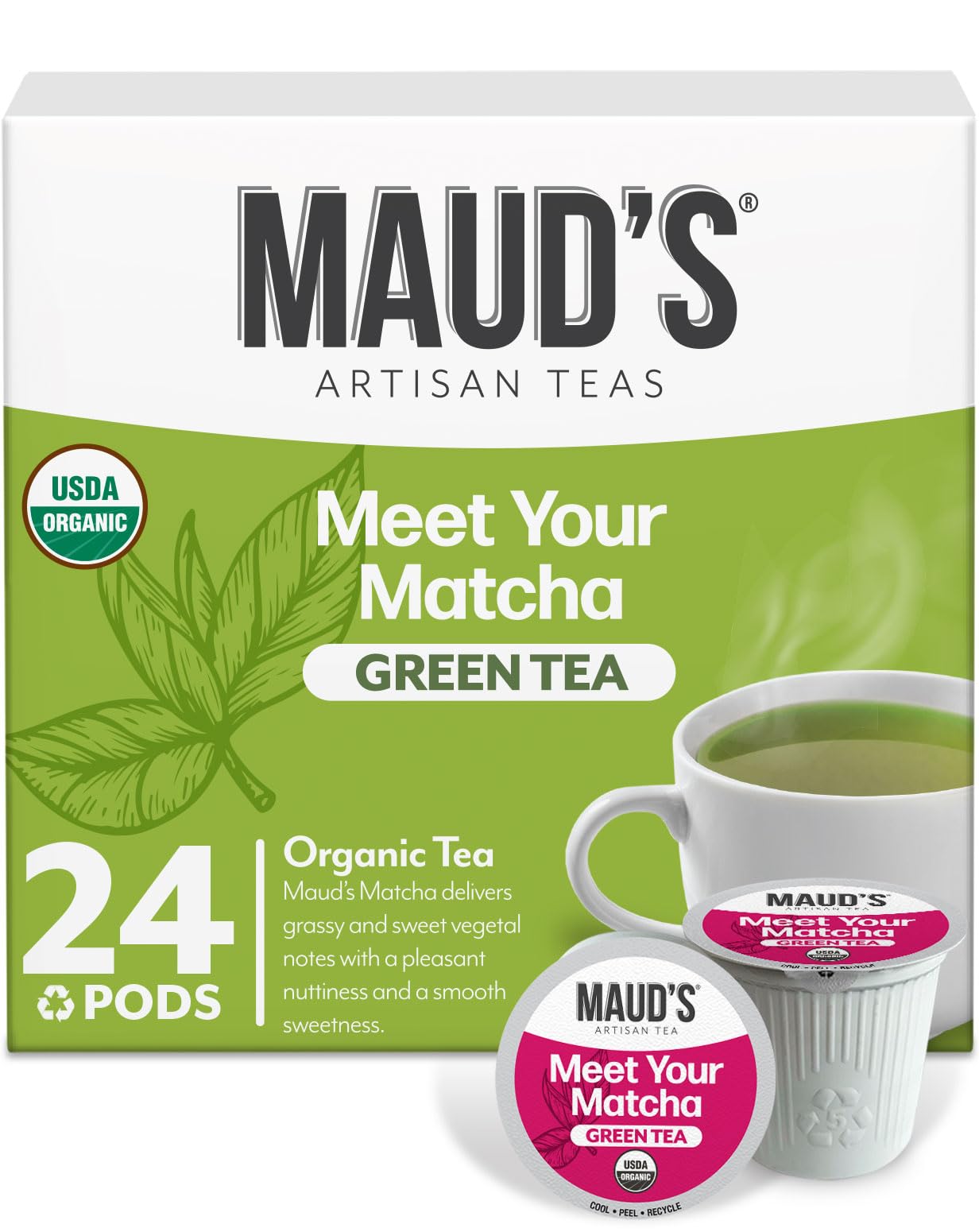 Maud's Organic Matcha Green Tea Pods, 24 ct, Single Serve Tea Pods - 100% Gourmet Blended Tea Leaves, Compatible with Keurig K Cups Maker