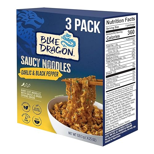 Blue Dragon Garlic & Black Pepper Saucy Noodles - 4.25oz (Pack of 3) - Knife Cut Air Dried Noodles w/Garlic & Black Pepper Sauce & Spring Onion