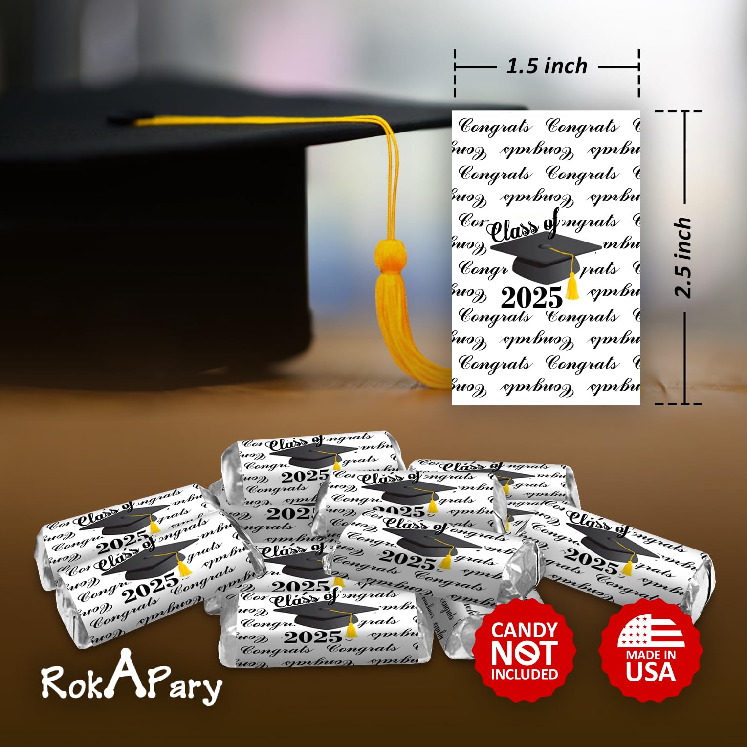 60 Graduation Cap Party Class of 2026 Miniatures Candy Bar Wrapper, (Set of 60) Mini Candy Chocolate Bar Stickers, Labels, Candy Not Included, Color