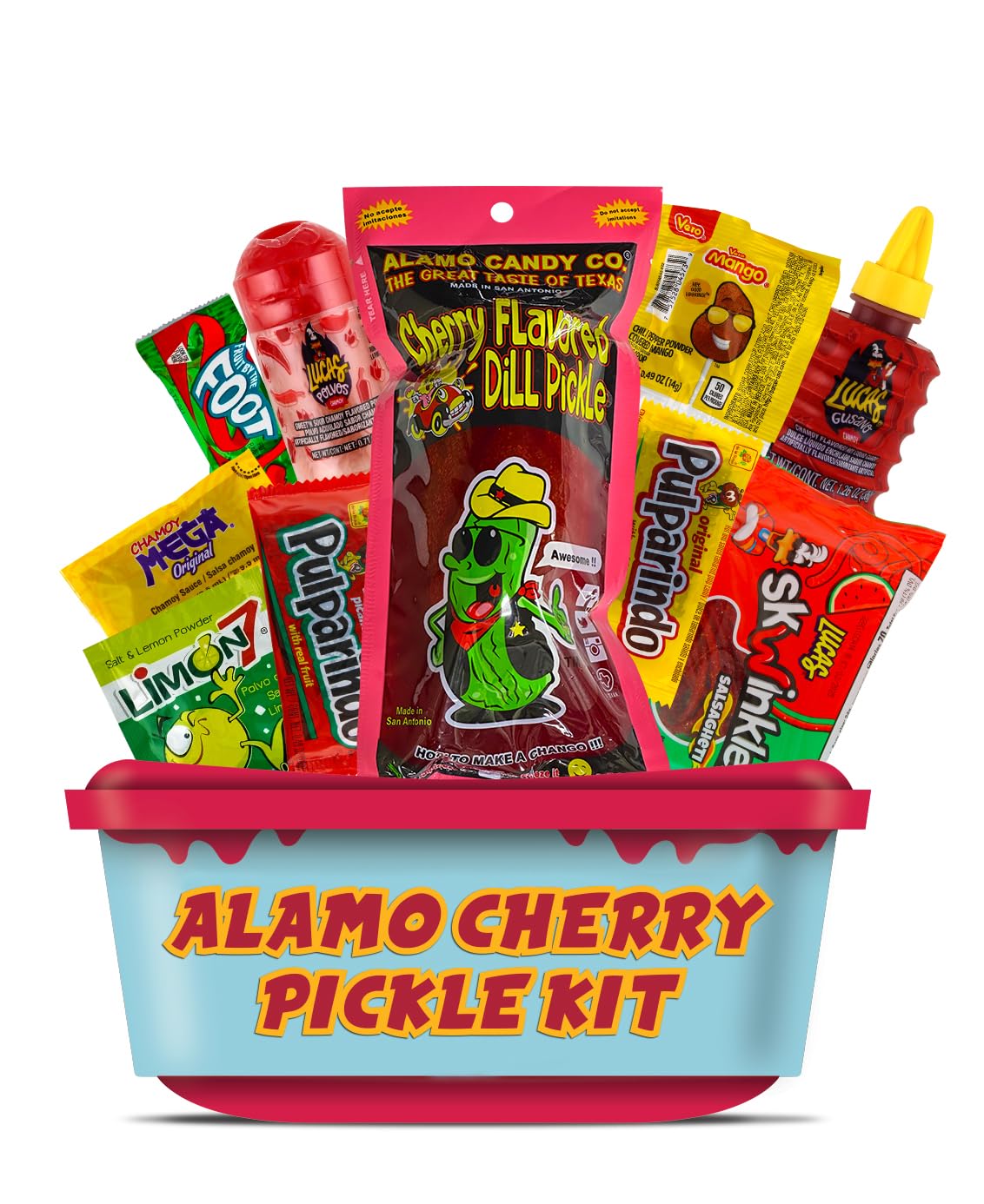 Alamo Cherry Pickle Kit, Mexican Candy Mix Ready to make the Famous TikTok Trend, Includes Original Alamo Dill Pickle, Baby Lucas, Lucas Gusano