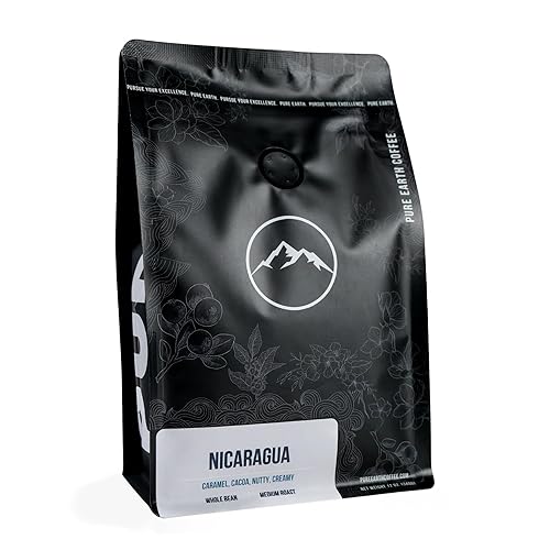PURE EARTH COFFEE CO. Whole Bean Coffee, Nicaragua Single-Origin Beans, Medium Roast, Low Acid Gourmet Specialty Grade Coffee, Caramel, Chocolate