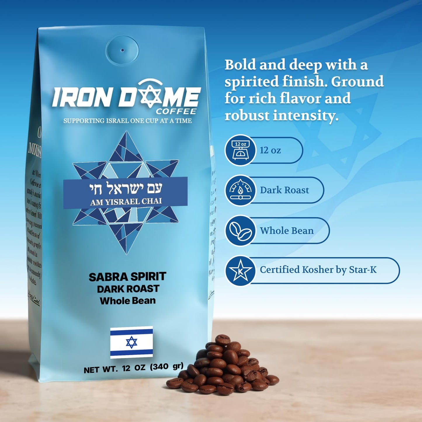 Iron Dome Coffee - Sabra Spirit Whole Bean Coffee, Dark Roast - Fresh Roasted Coffee Beans - Bold Rich Flavor - 12oz Bag - Inspired by the Heritage