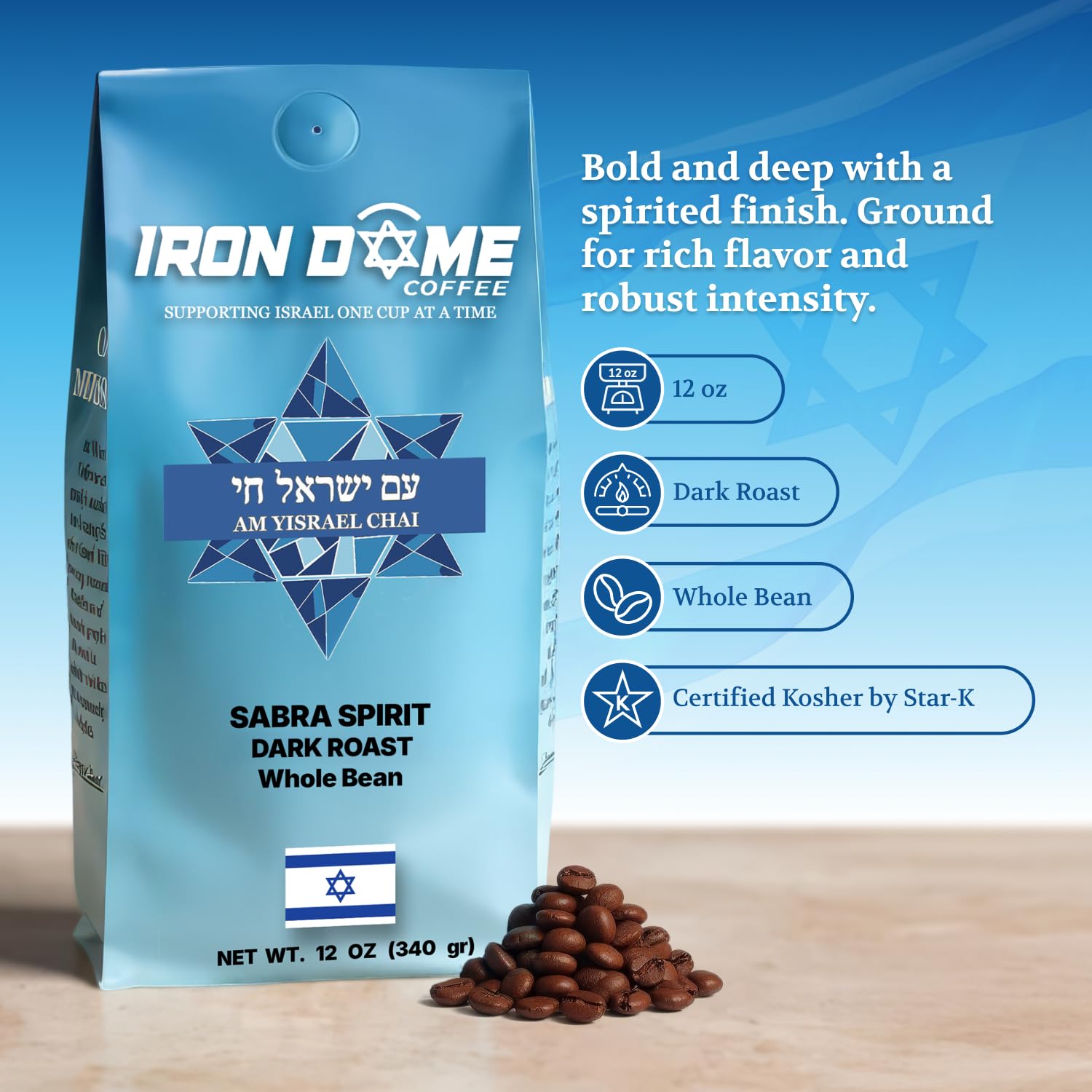 Iron Dome Coffee - Sabra Spirit Whole Bean Coffee, Dark Roast - Fresh Roasted Coffee Beans - Bold Rich Flavor - 12oz Bag - Inspired by the Heritage
