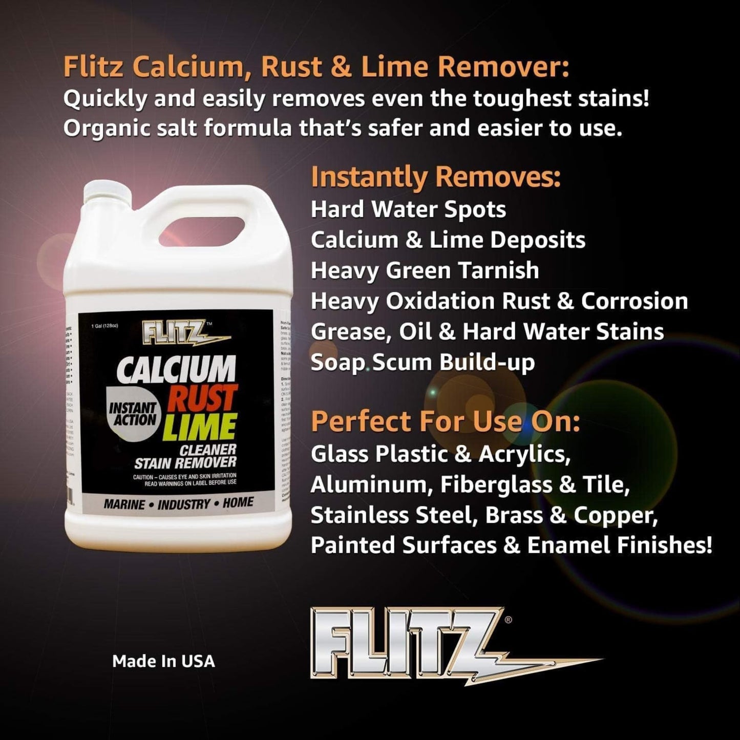 FLITZ Calcium, Rust, & Lime Remover - 1 Gallon Bottle of USA-Made Limescale Remover for Toilets, Showers, and More - Powerful Spray that Instantly