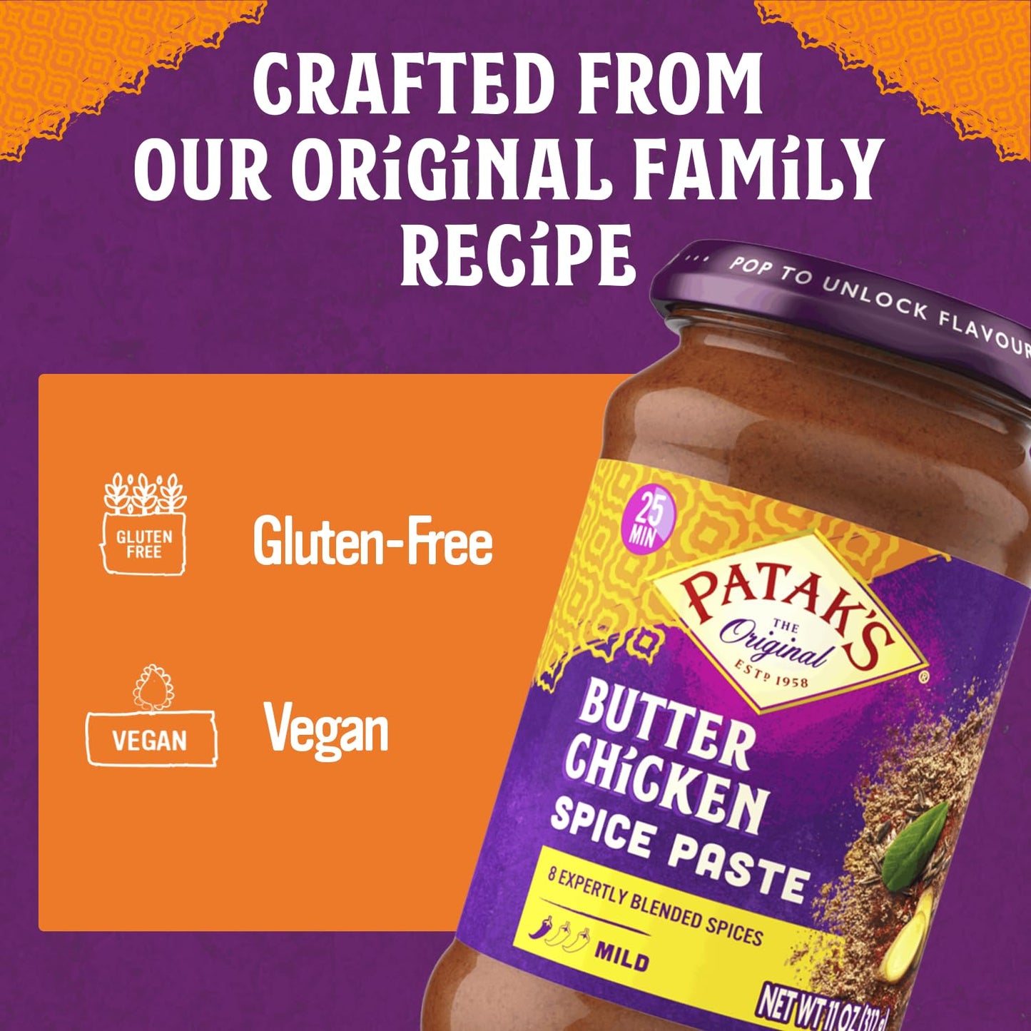 Patak's Butter Chicken Spice Paste, Mild Indian Curry with 8 Expertly Blended Spices, Gluten-Free & Vegan, Flavorful Base for Home Cooking & More, 10