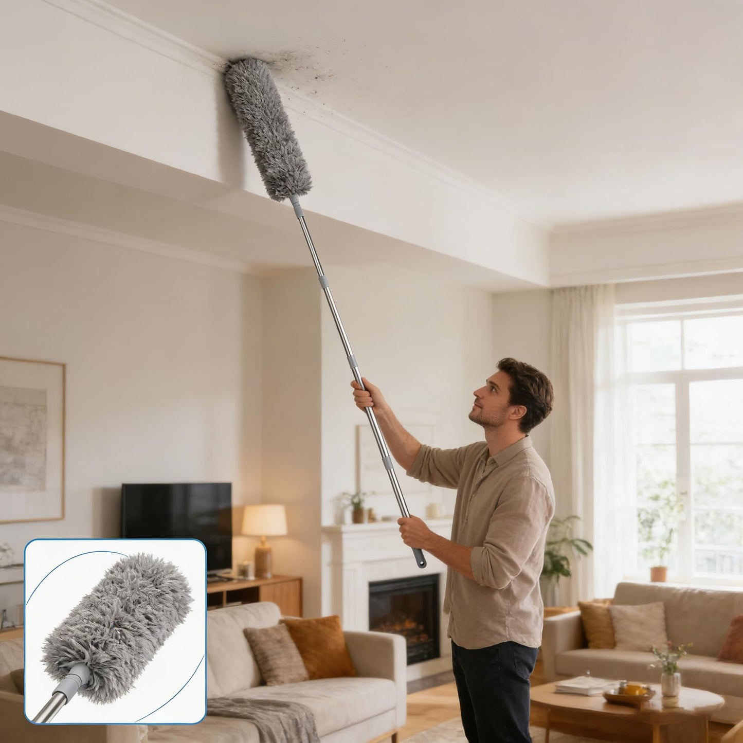 ZhengYuFa Duster with Extension Pole, Cobweb Duster with Extension pol, for Cleaning Ceiling Fans, Ceilings, Cobwebs, Furniture, Cars, etc. Long