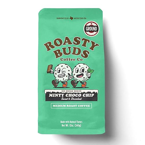Roasty Buds Minty Choco Chip Ground Coffee | Medium Roast, Natural Mint & Chocolate Flavors (12 oz) | Gluten-Free, Non-GMO (12 Ounce, Minty Choco Chip