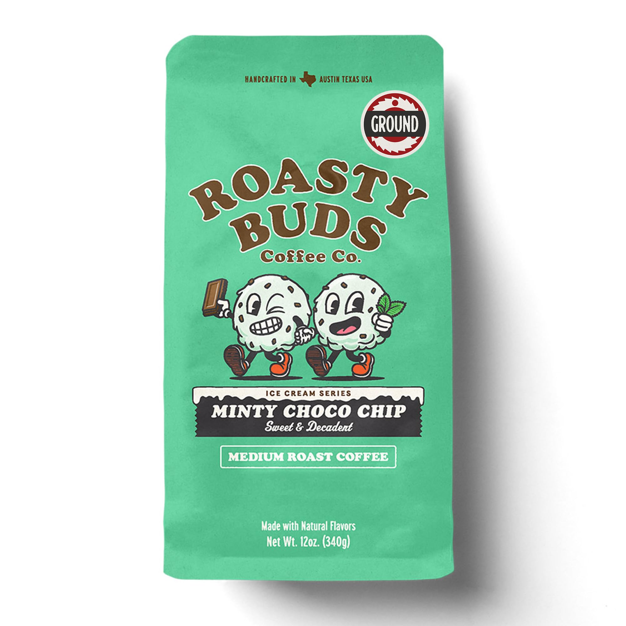Roasty Buds Minty Choco Chip Ground Coffee | Medium Roast, Natural Mint & Chocolate Flavors (12 oz) | Gluten-Free, Non-GMO (12 Ounce, Minty Choco Chip