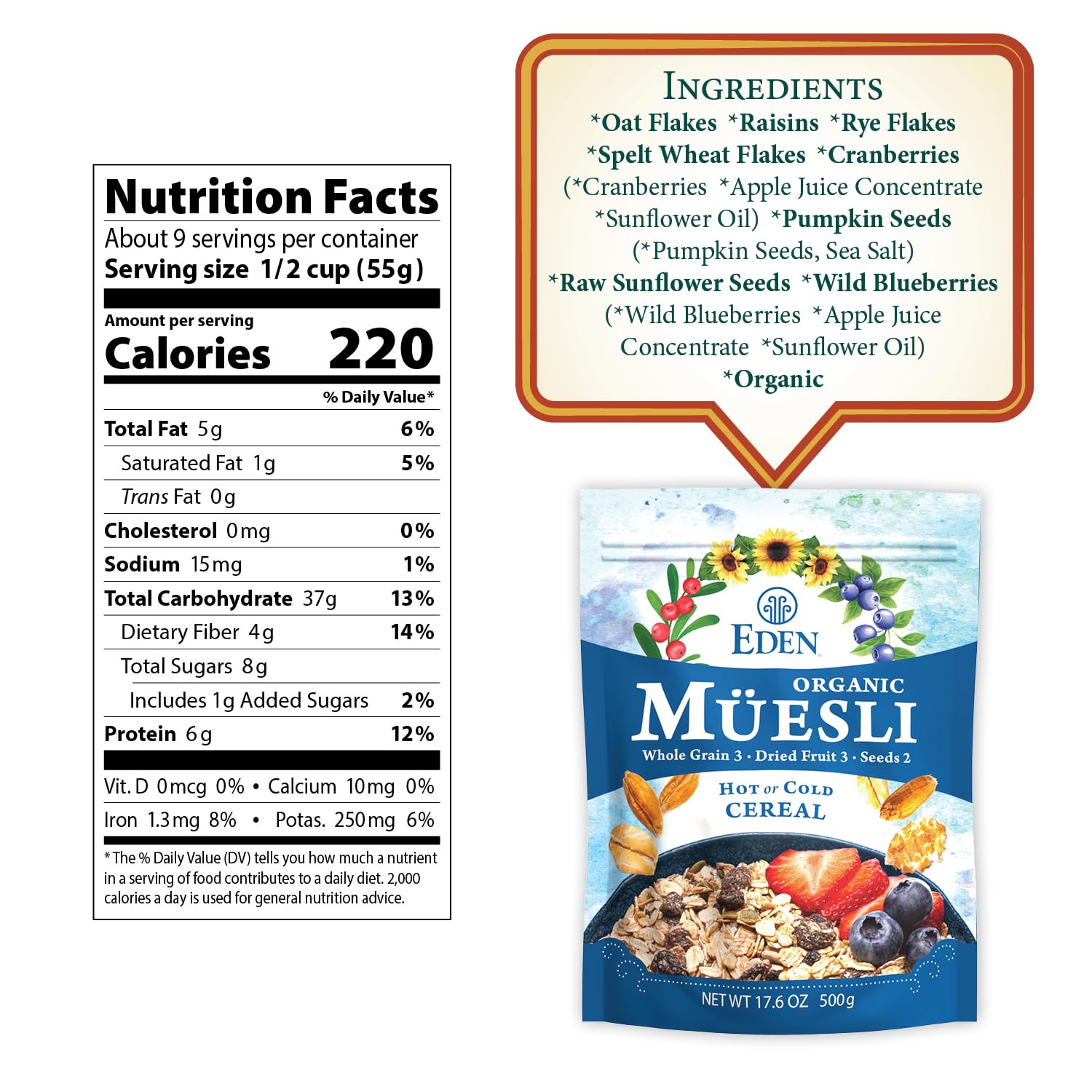 Eden Organic Muesli Cereal, Eat Hot or Cold, Oat, Rye, Wheat, and Spelt Flakes, Raisins, Cranberries, Wild Blueberries, Pumpkin and Sunflower Seeds