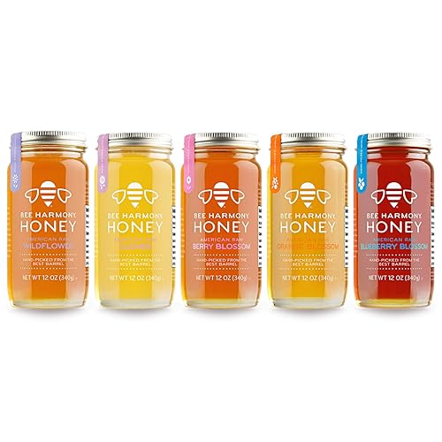 Bee Harmony Honey 5 Pack Variety Pack, Contains 5 jars, 12 ounces each (Clover, Wildflower, Orange Blossom, Berry and Blueberry)