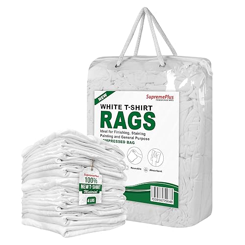 SupremePlus Premium White T-Shirt Cleaning Rags (4 lbs. Bag of Rags) - White Cotton Rags for Cleaning, Staining, Painting, Oil, Grease & Dust Removal