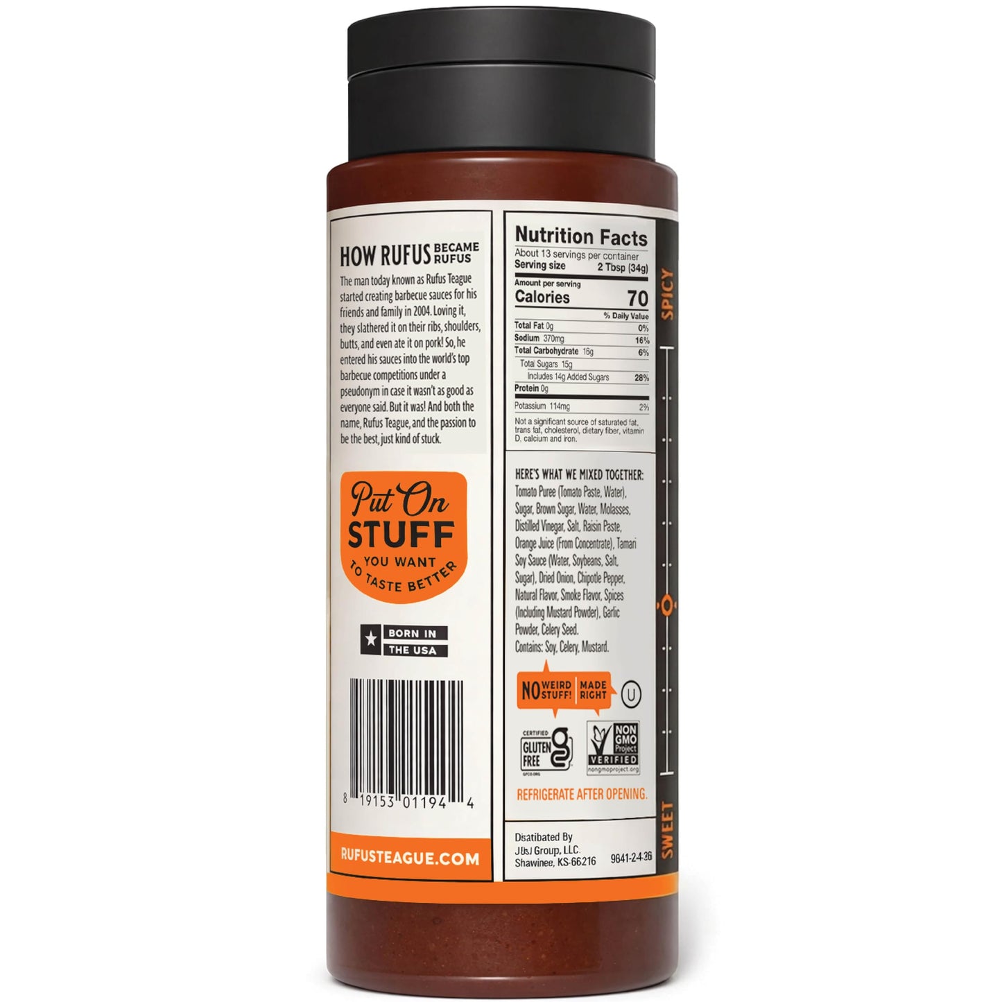 Rufus Teague Touch O' Heat BBQ Sauce, Flip Top Squeeze Bottle, 15.2 oz