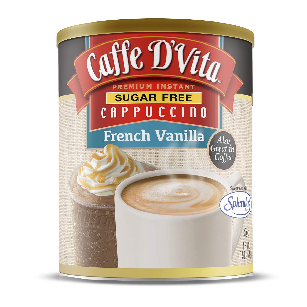 Caffe D’Vita Sugar Free French Vanilla Cappuccino Mix - Instant Cappuccino Mix, Gluten Free, No Cholesterol, No Hydrogenated Oils, 99% Caffeine Free