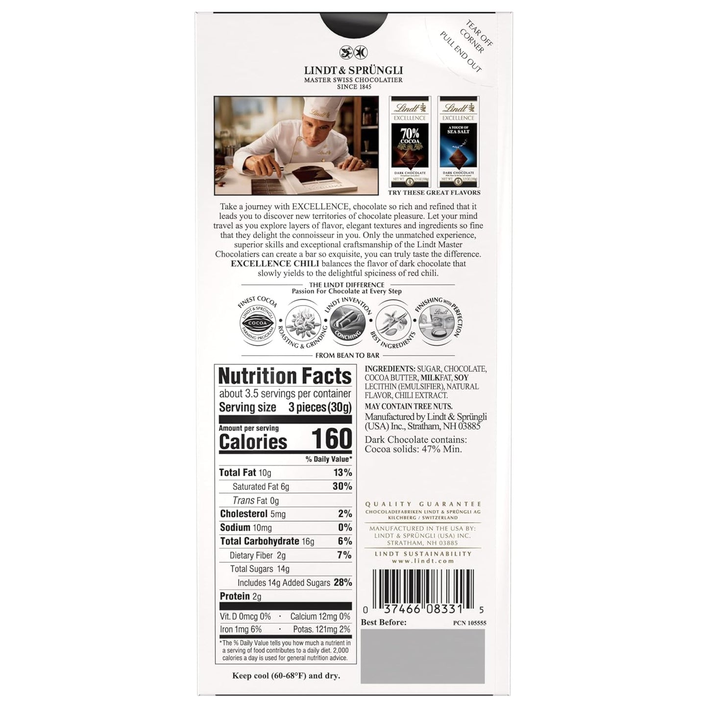 Lindt Excellence Dark Chocolate with Chili Bar, 3.5 Oz, 2 Pack