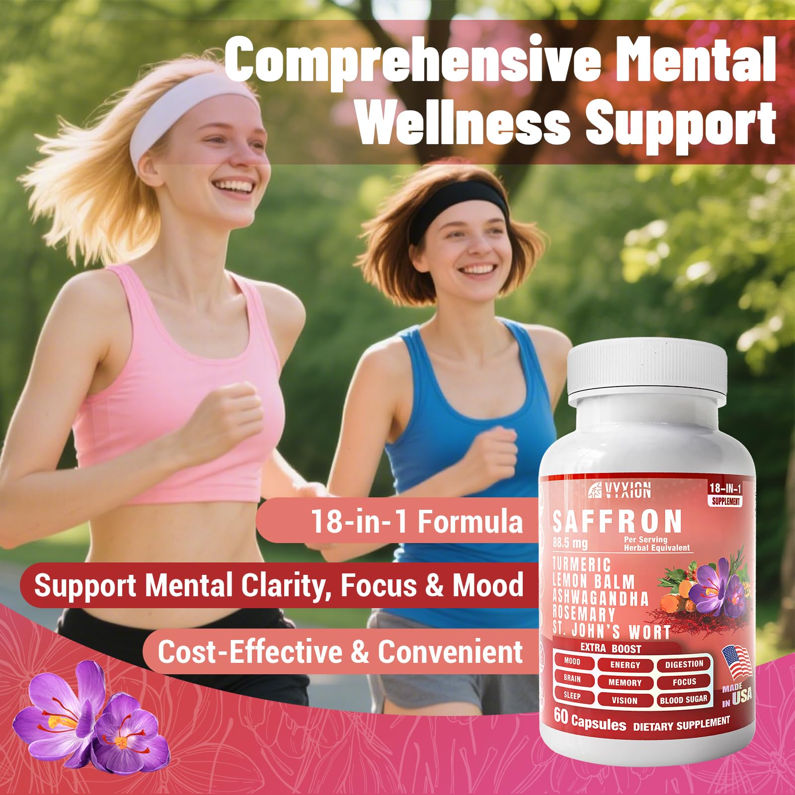 Vyxion 18-in-1 Saffron Supplements, Extract 88.5mg Saffron Support for Energy & Mood, Eye Health, Turmeric & Ashwagandha, 1 Month Supply, 60 Capsules