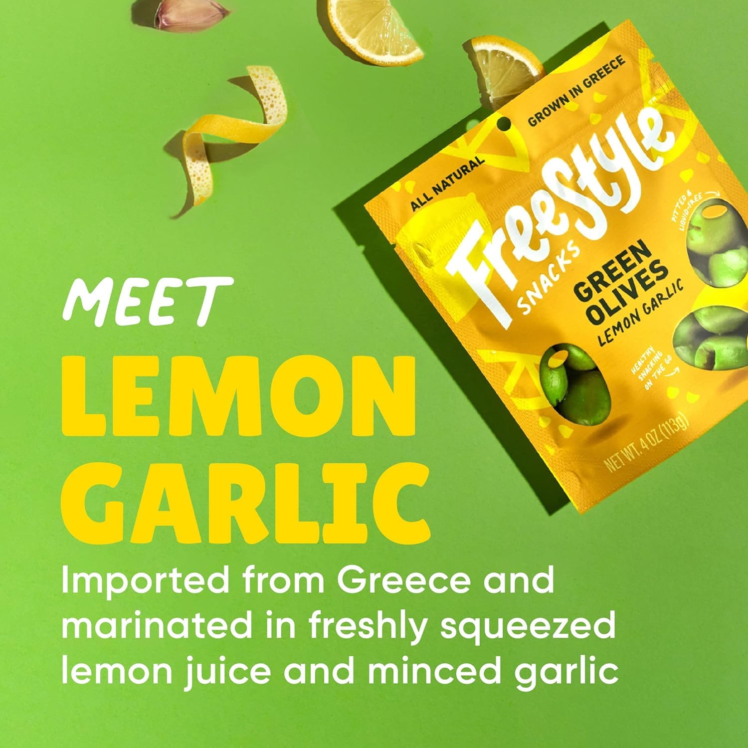 Freestyle Snacks, Olives Green Lemon Garlic, 4 Ounce