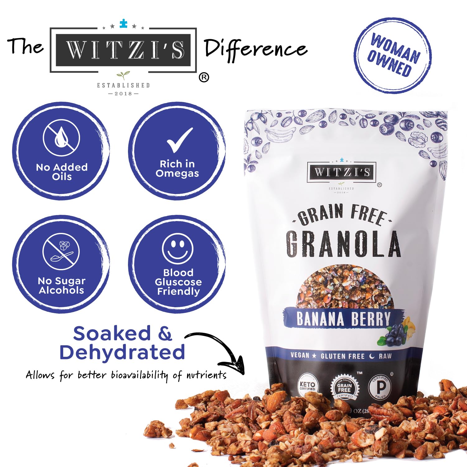 Witzi's Grain Free Granola, Banana Berry, 5oz (Pack of 3), Made with Almonds, Banana & Blueberries, Vegan, Keto, Gluten Free, Healthy Snack