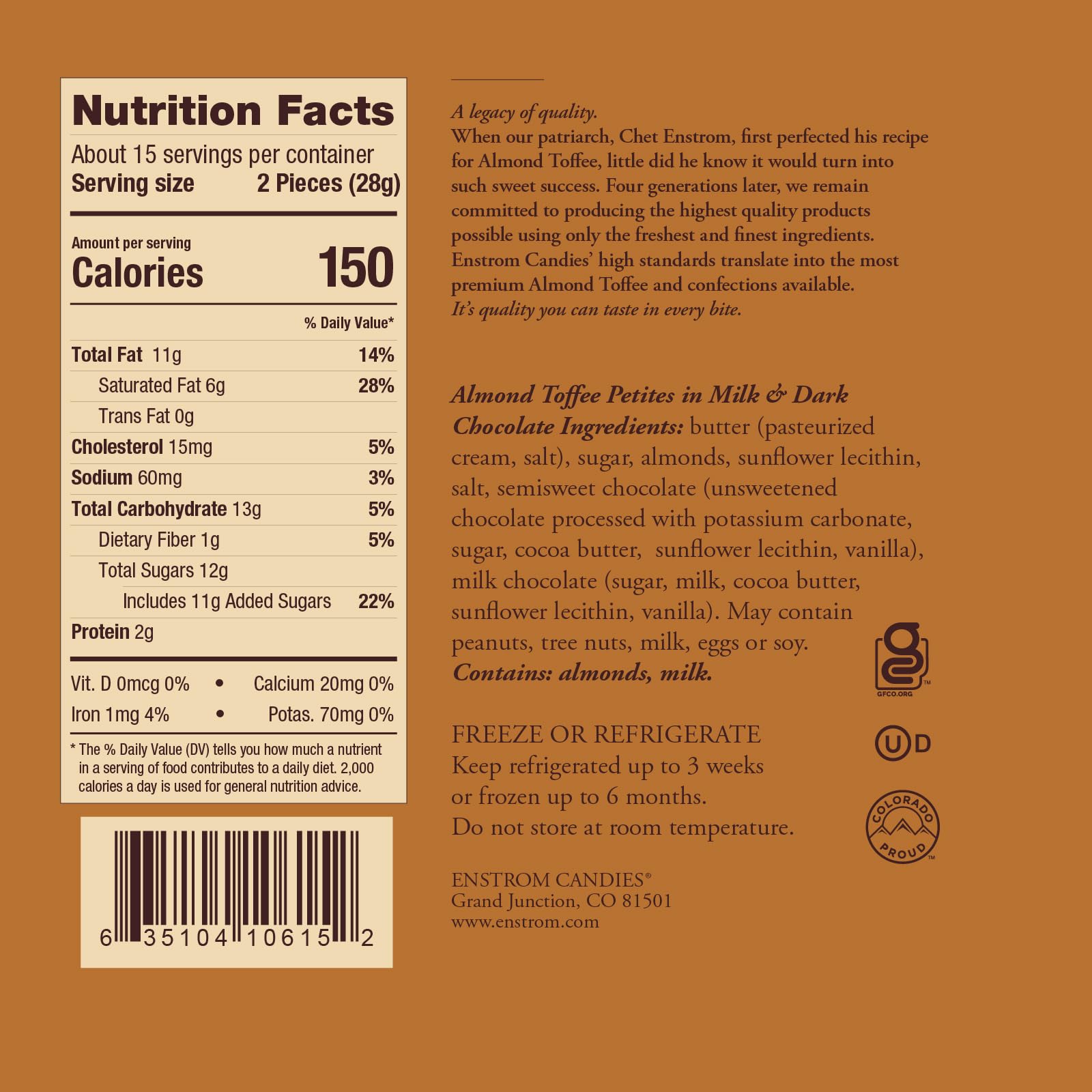 Enstrom Milk Chocolate and Dark Chocolate Almond Toffee Petites 15oz box | Bite-size | Gluten Free | Kosher Dairy | All Natural