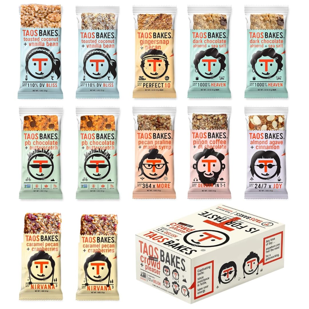 Taos Bakes Snack Bars - Crowd + Pleaser All-In-One Variety Pack - Gluten Free, Non-GMO, Healthy Granola Bars - Nutritious & Delicious Baked Bars - (12