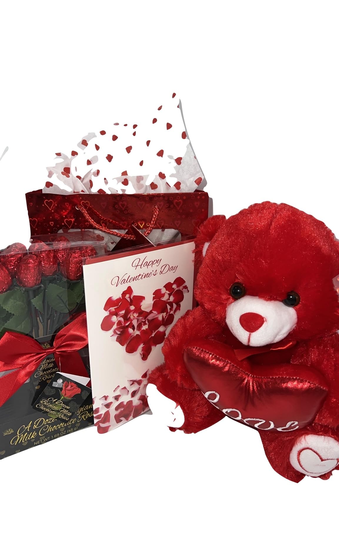 Valentine's Day Love Basket | Teddy Bear Plush 11 Inches, Dozen Belgian Milk Chocolate Flower Roses Bouquet, Gift Bag & Valentines Day Special Card |