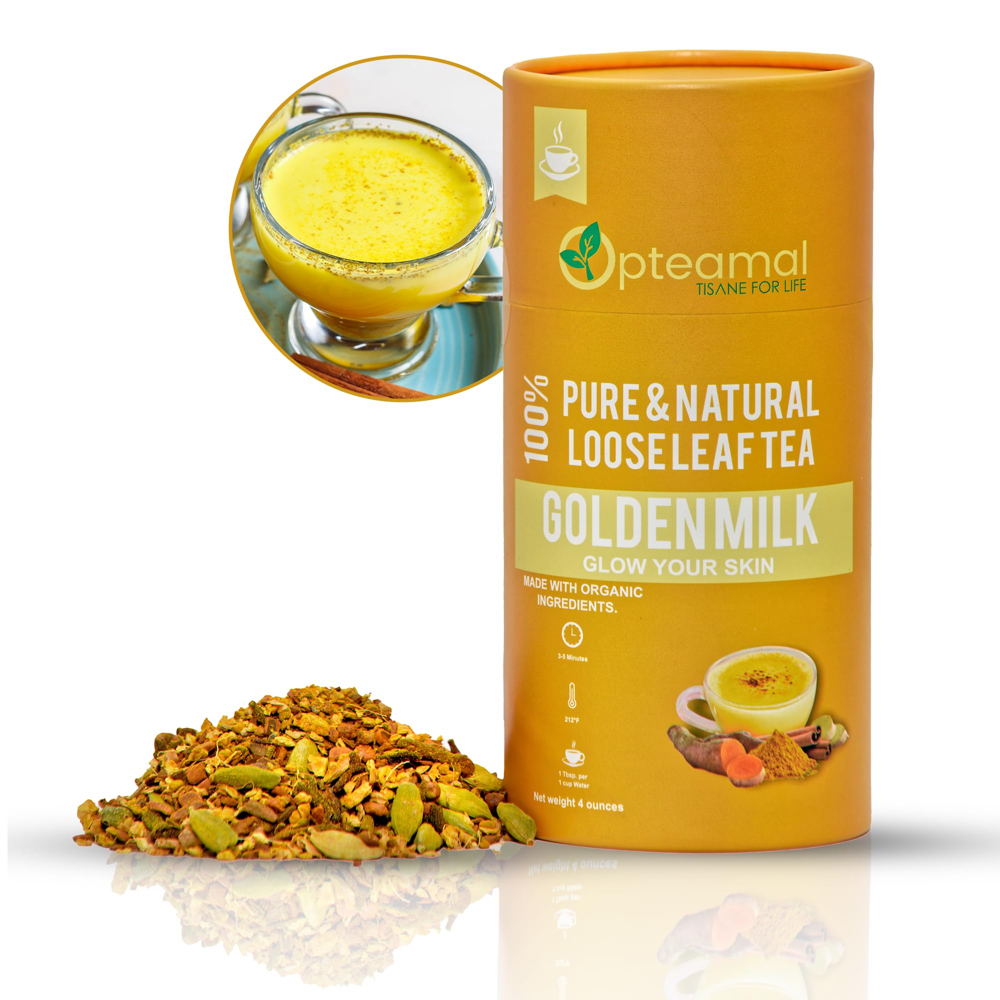 Opteamal Organic Golden Milk Loose Leaf Tea - Caffeine Free Loose Leaf Tea - Organic Golden Milk Tea with Pepper, Cardamom, Turmeric, Ginger, Clove