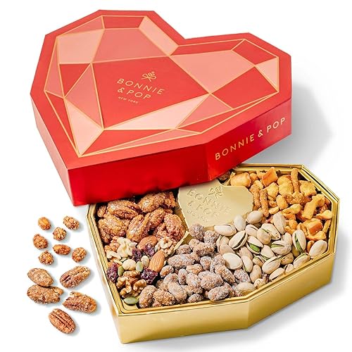 Gift Basket, Heart Box with Gourmet Nuts Assortment, Premium Mixed Nuts Variety Pack for Wife, Girlfriend, Mom, Women, Girl, Spouse- Bonnie and Pop