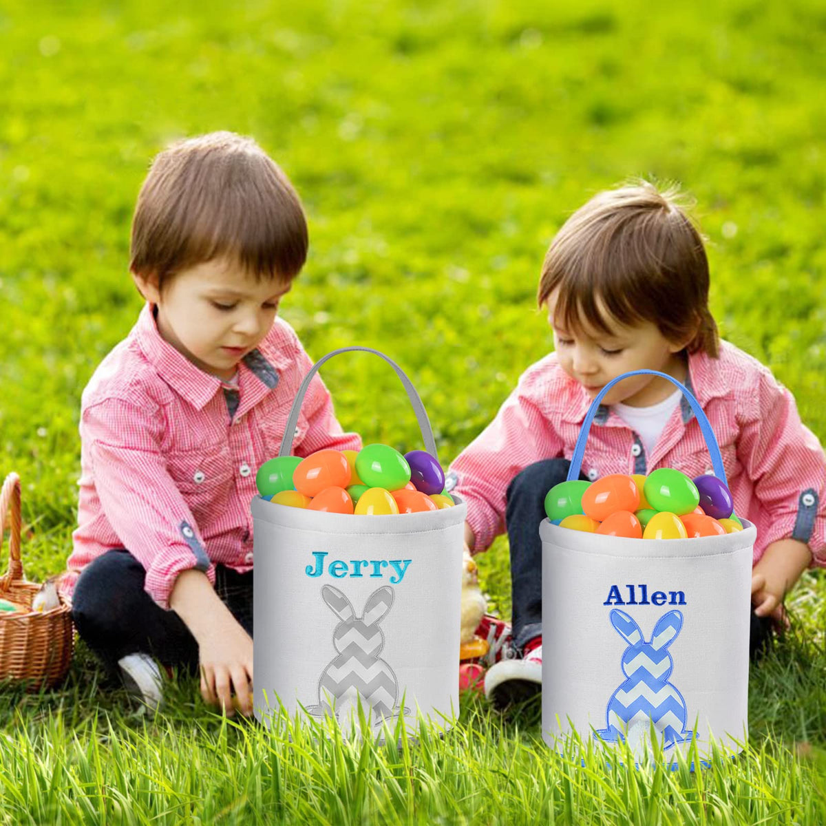 Personalized Easter Bunny Basket, Touber 2 Pack Easter Baskets for Kids Customized Easter Basket Easter Basket Bags Personalized Easter Baskets