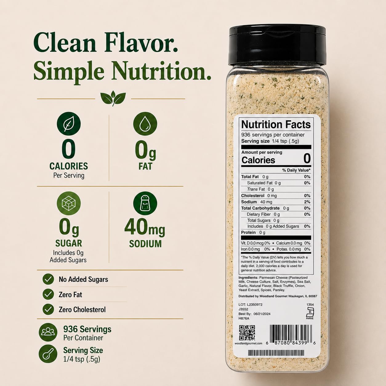 Truffle Umami Parmesan Seasoning, 16.5 oz - Gourmet Parmesan Cheese & Truffle Blend with Garlic & Onion, Savory Finishing Topper, by Woodland Gourmet
