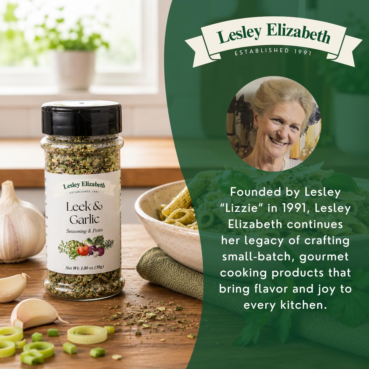 Lesley Elizabeth Leek & Garlic Seasoning & Pesto - All-Natural Herb & Garlic Blend for Chicken, Pasta, Vegetables & Sandwiches | Gourmet All-Purpose