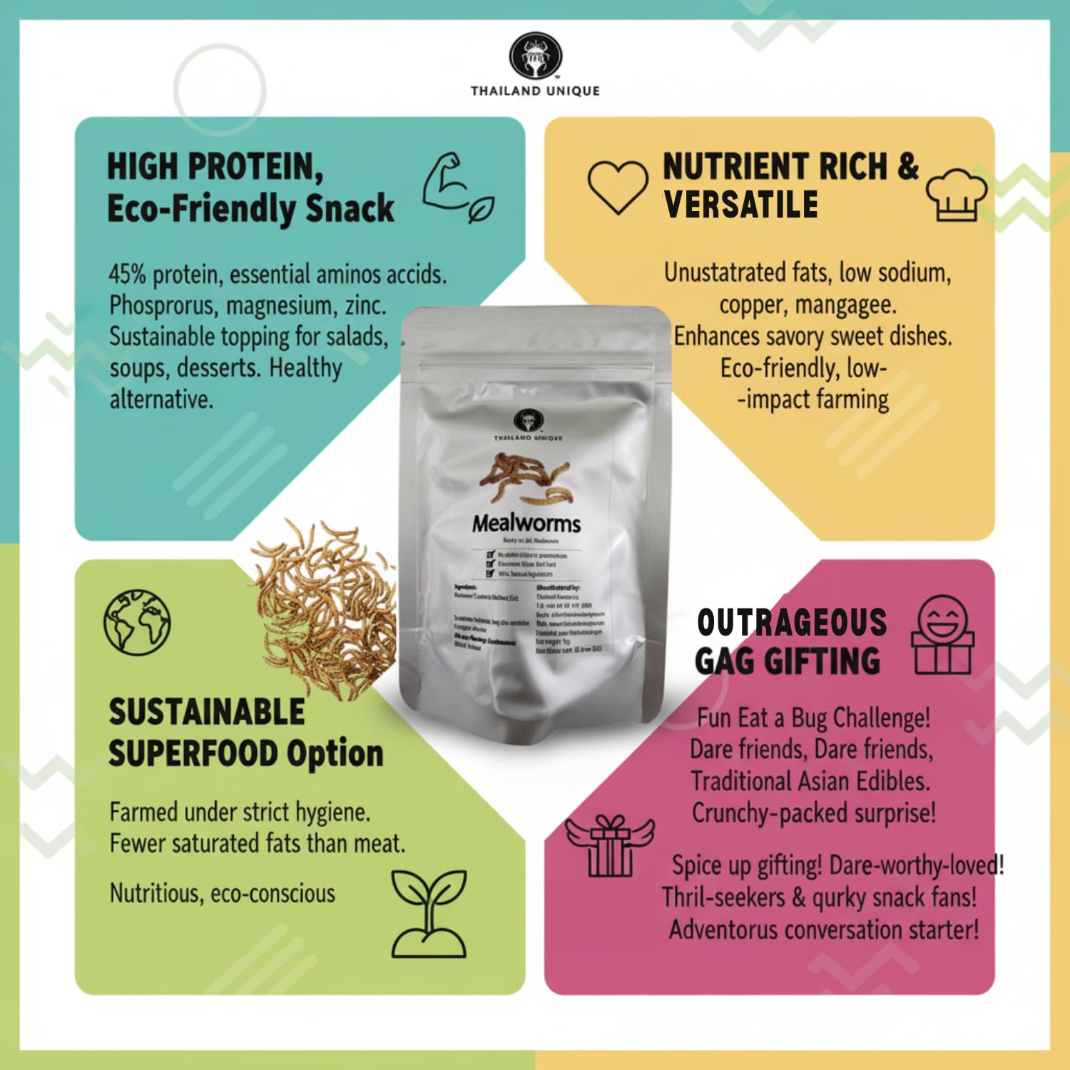Thailand Unique Mealworms - 10 Gram Bag of Dehydrated Edible Insects for Humans, Nutritious Bugs Superfood Weird Unusual Snack Gift