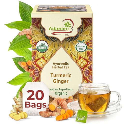 Adanim Bio Organic Turmeric Ginger Herbal Tea Bags | Caffeine Free Pure Herbal Blend with Black Pepper | USDA Organic, Vegan & Kosher | 20