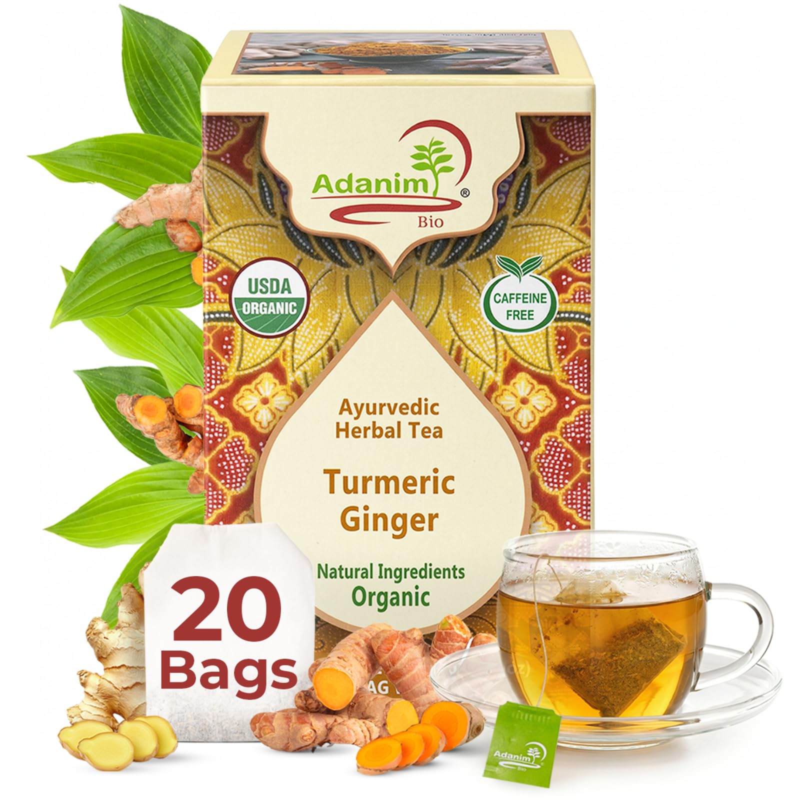 Adanim Bio Organic Turmeric Ginger Herbal Tea Bags | Caffeine Free Pure Herbal Blend with Black Pepper | USDA Organic, Vegan & Kosher | 20