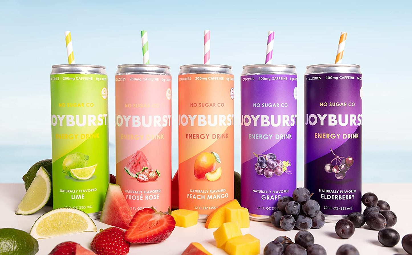No Sugar Joyburst Energy Drink, 0 Calorie, 0 Sugar, Sugar Free Energy Drink with Natural Caffeine, Hint of Sweetness and Refreshing Sparkling Water