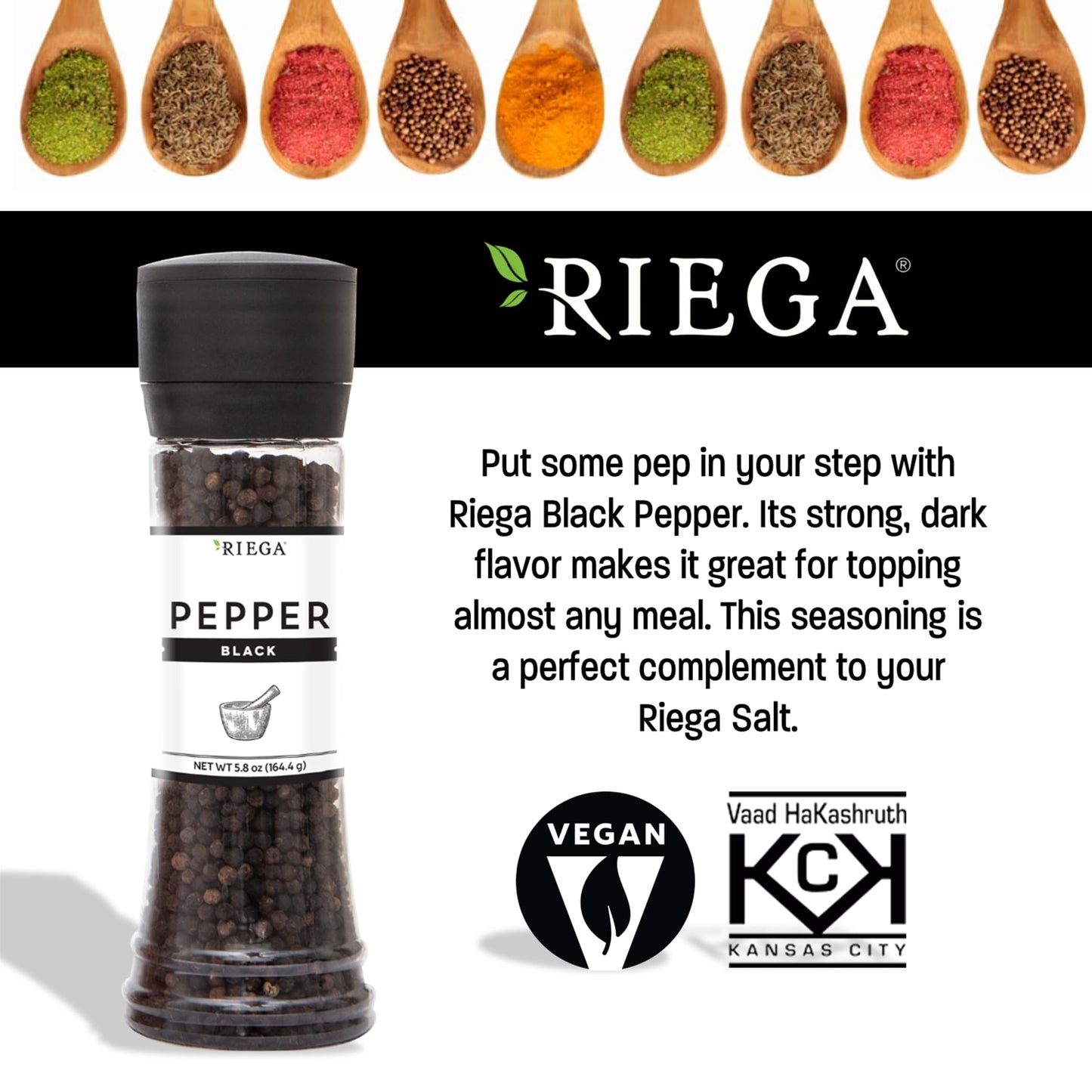 Riega Black Pepper Grinder, Large, Manual Mill for Whole Peppercorns, 5.8 oz