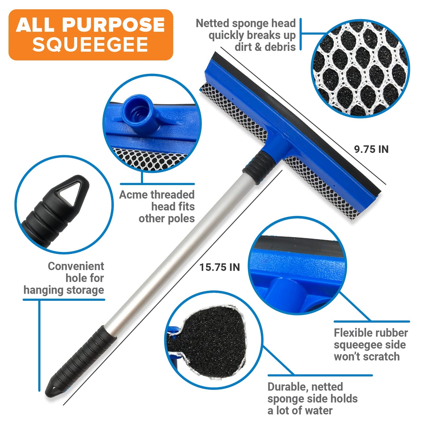 Window Squeegee with Long Handle and Scrubber, for Car, Boat, RV Windows, Windshields, and Shower Glass Doors, Cleaning Tool with Large Sponge