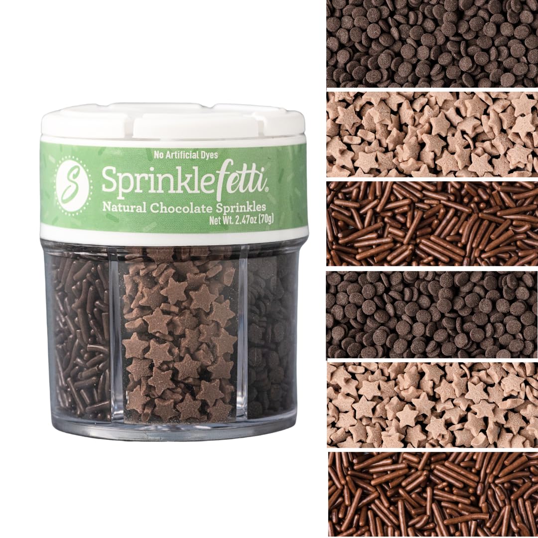 Sweets Indeed Dye Free Chocolate Sprinkles 6 Cell Jar - No Artificial Dyes Quins, Jimmies and Star Sprinkles for Baking & Decorating Cupcakes