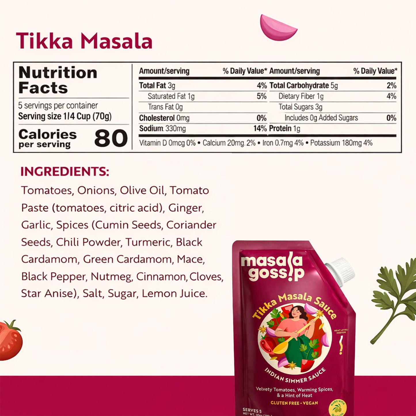 Masala Gossip Tikka Masala Simmer Sauce 10 oz - Authentic Curry Sauce - Plant-Based, Gluten-Free, Seed Oil Free, No Artificial Preservatives - 10 oz