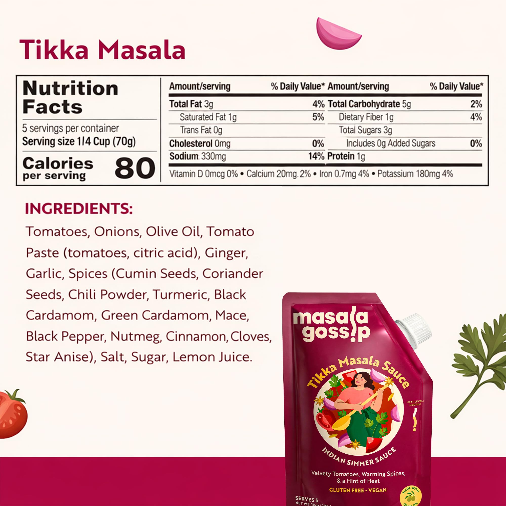 Masala Gossip Tikka Masala Simmer Sauce 10 oz - Authentic Curry Sauce - Plant-Based, Gluten-Free, Seed Oil Free, No Artificial Preservatives - 10 oz