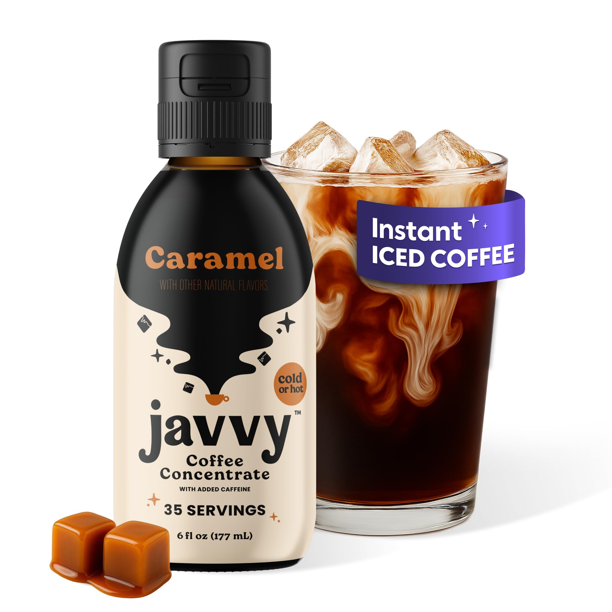 Javvy Cold Brew Coffee Concentrate Instant Coffee, Smooth Arabica Iced Coffee & Espresso Concentrate, 35 Servings, Caramel, 1 Pack