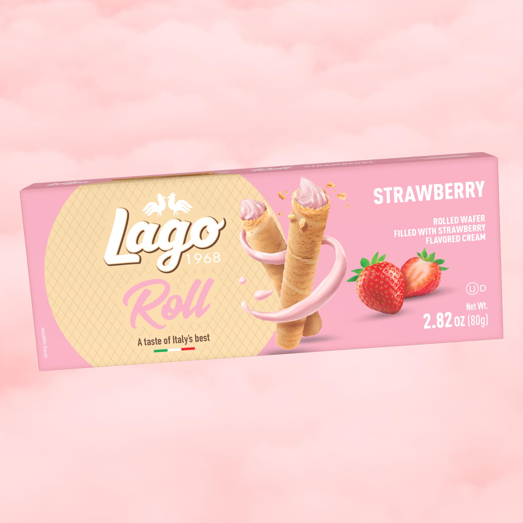 Gastone Lago Strawberry Wafer Rolls, 2.82 oz - Crispy Rolled Wafers with Smooth Strawberry Cream Filling, Light & Crunchy Snack
