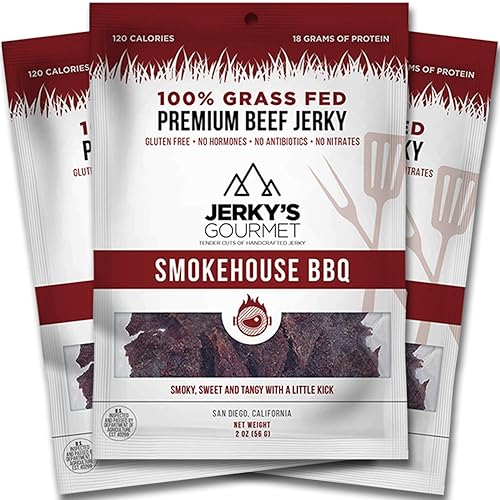 Smokehouse BBQ Grass Fed Beef Jerky - 120 Calorie Snacks, Gourmet, Healthy, Low Carb, High Protein - Keto Friendly & Gluten Free (3 Packs)