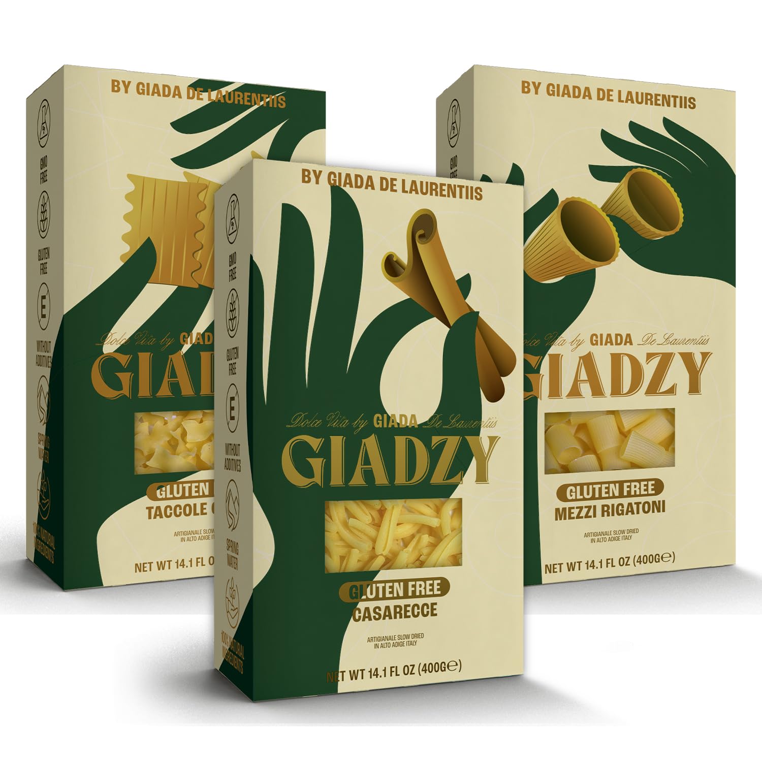 Giadzy by Giada De Laurentiis 3 Pack Gluten Free Variety Pasta - includes Caserecce, Taccole & Mezzi Rigatoni- Made in Italy, Artisanal, Clean