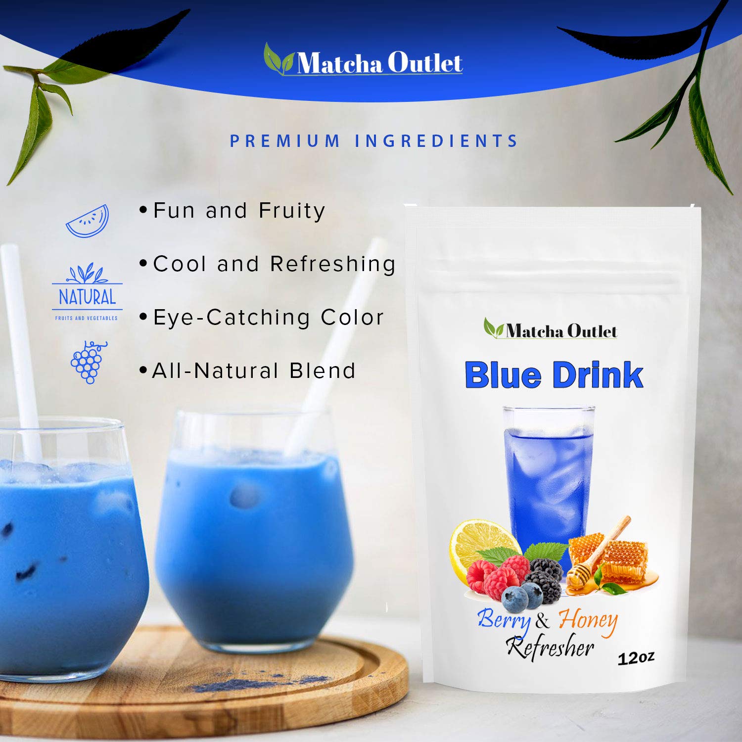 Blue Drink Spirulina Powder, Berry & Honey Powder Drink Mix Refresher 12oz Blue Natural Food Colorant Perfect for Ice Mix Yogurts Baked Treats Loaded